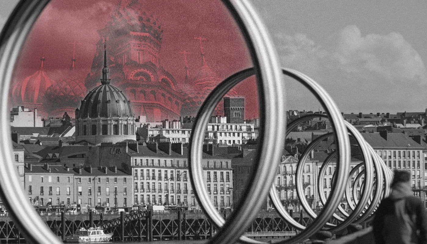 View of the French city of Nantes through the Rings. Moscow's Cathedral of Saint Basil the Blessed in inset.