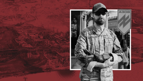 Illia Samoilenko, known as Gandalf, heads intelligence for the 12th Special Forces Brigade Azov. In the background, the Azovstal factory in Mariupol during the siege in 2022.