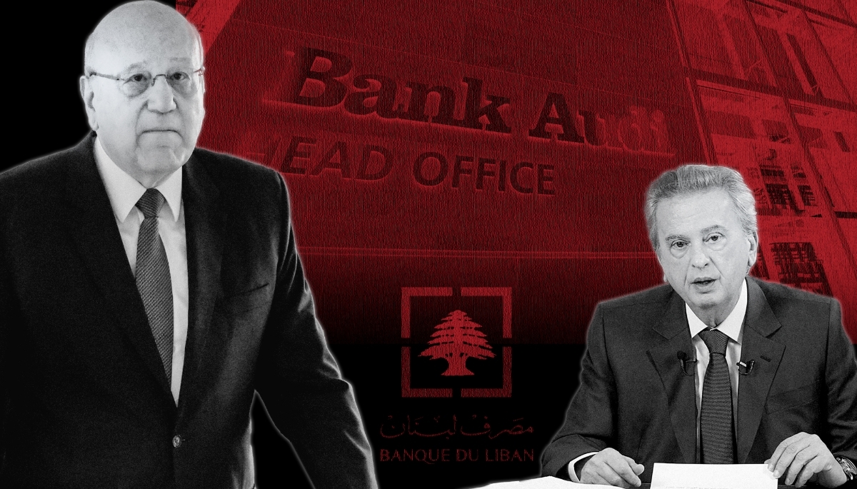 Former Lebanese PM Najib Mikati and Banque du Liban's former governor Riad Salamé. 
