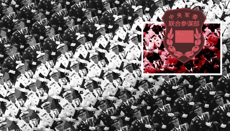 The Chinese People's Liberation Army (PLA) guard of honour and the logo of the Intelligence Bureau of the Central Military Commission's Joint Staff Department.