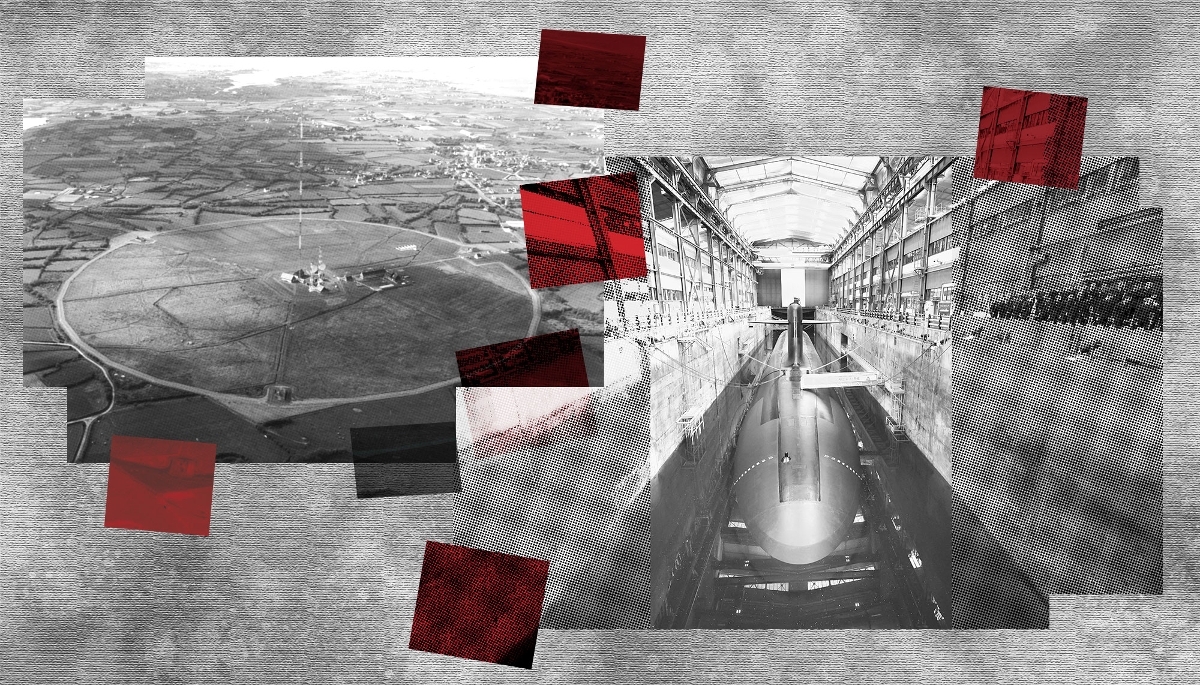 On the left, a low-frequency VLF transmission centre in Kerlouan, Britanny, France, which belongs to the Strategic Oceanic Force (FOST), a pillar of France’s nuclear deterrent. On the right, the submarine Le Téméraire at the Île Longue nuclear submarine base in Crozon, Britanny, on 2 March 2026.