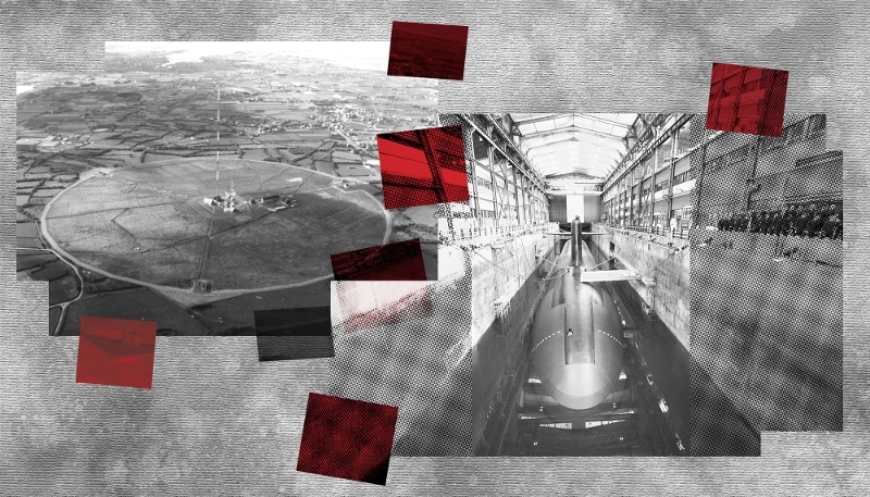 On the left, a low-frequency VLF transmission centre in Kerlouan, Britanny, France, which belongs to the Strategic Oceanic Force (FOST), a pillar of France’s nuclear deterrent. On the right, the submarine Le Téméraire at the Île Longue nuclear submarine base in Crozon, Britanny, on 2 March 2026.