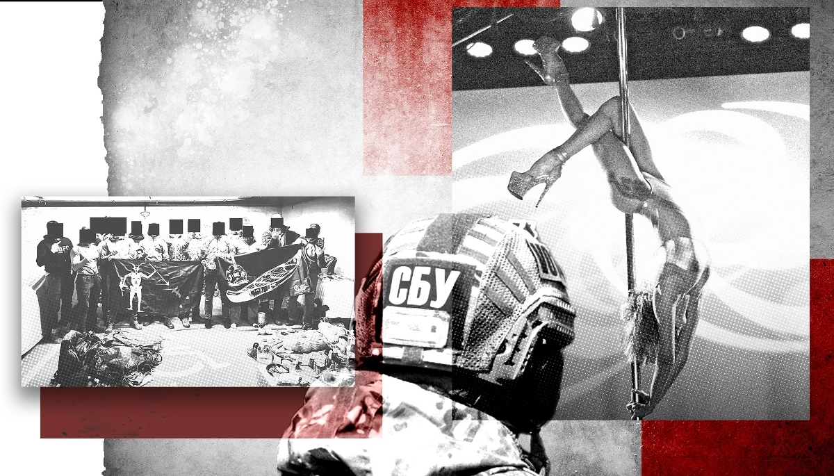 On the right, one of the strippers at Only. On the left: foreign mercenaries fighting with the Ukrainian GUR, flying the Forward Observation Group (FOG) flag. Centre: the SBU logo.