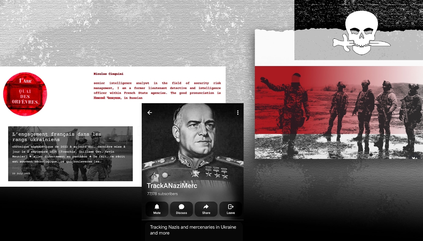 Left: screenshots from Nicolas Cinquini’s blog and the TrackANaziMerc Telegram account, for which he works. Right: the insignia of the Revanche Tactical Group and a photo of fighters from the unit’s French detachment who are on Nicolas Cinquini's trail.