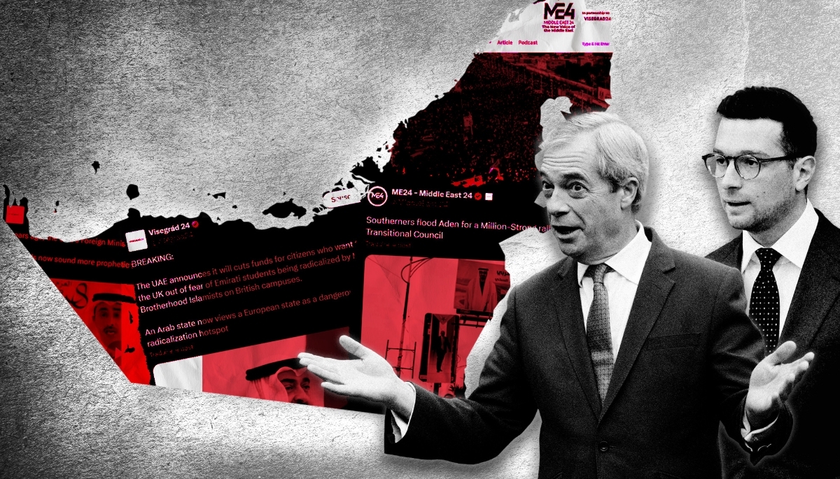 Screenshots of posts from Visegrad24 and Middle East 24 with the leader of the far-right Reform UK party Nigel Farage (L) and Jordan Bardella, head of France's far right National Rally.