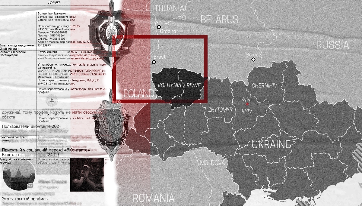 On the left, a leaked SBU document relating to the investigation into Ivan Ivanovich Zotchik, sourced from Palantir’s Foundry tool. In the centre, the insignia of the Belarusian KGB and the FSB.