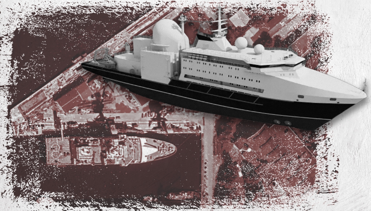 The Almaz, a vessel belonging to the Russian Navy's secret unit specialising in deep-sea operations. Satellite view of the construction site and 3D modelling.