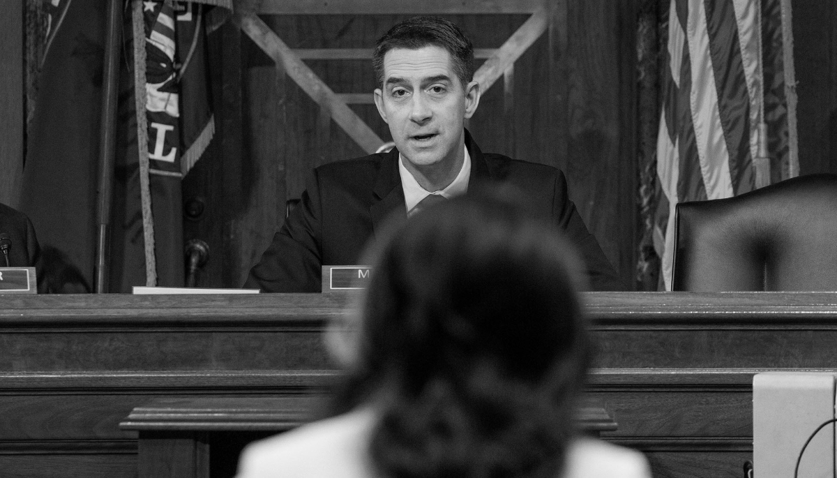 US lawmaker Tom Cotton faces Tulsi Gabbard during her confirmation hearing in the Senate, January 2025.