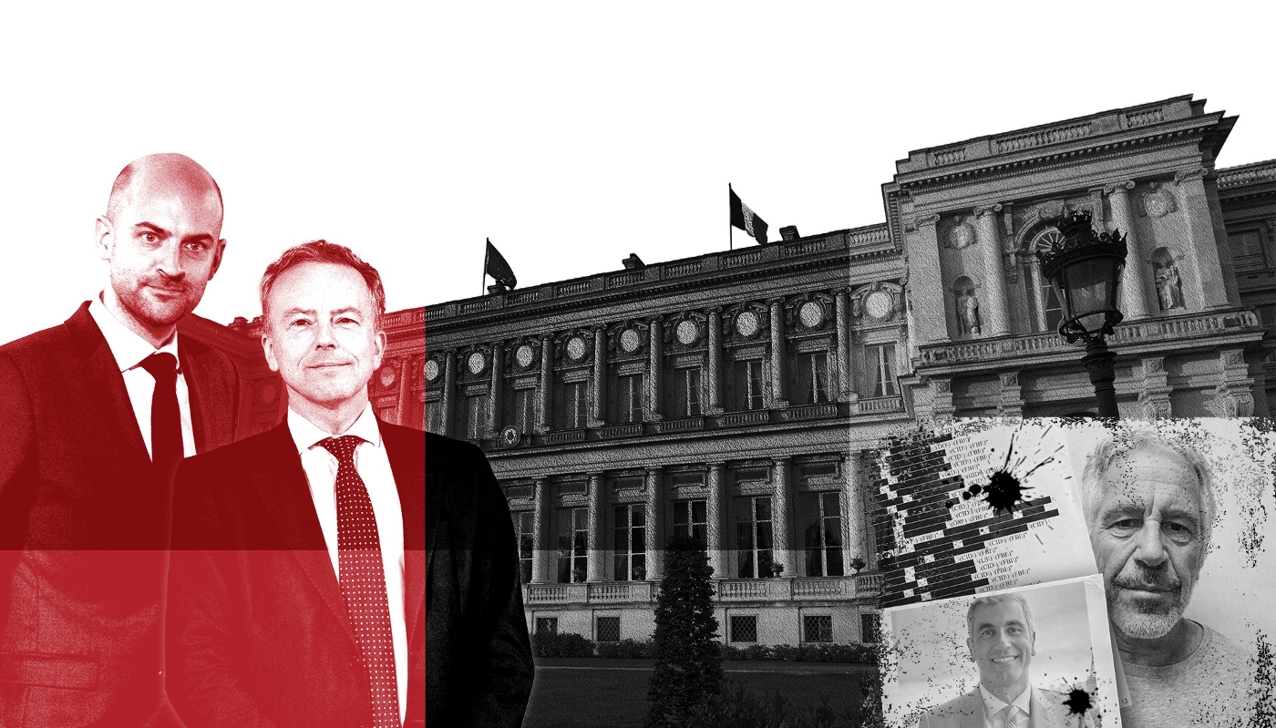 From left to right: Jean-Noël Barrot and Martin Briens. In the thumbnail: Fabrice Aidan and Jeffrey Epstein. In the background, the Quai d'Orsay.