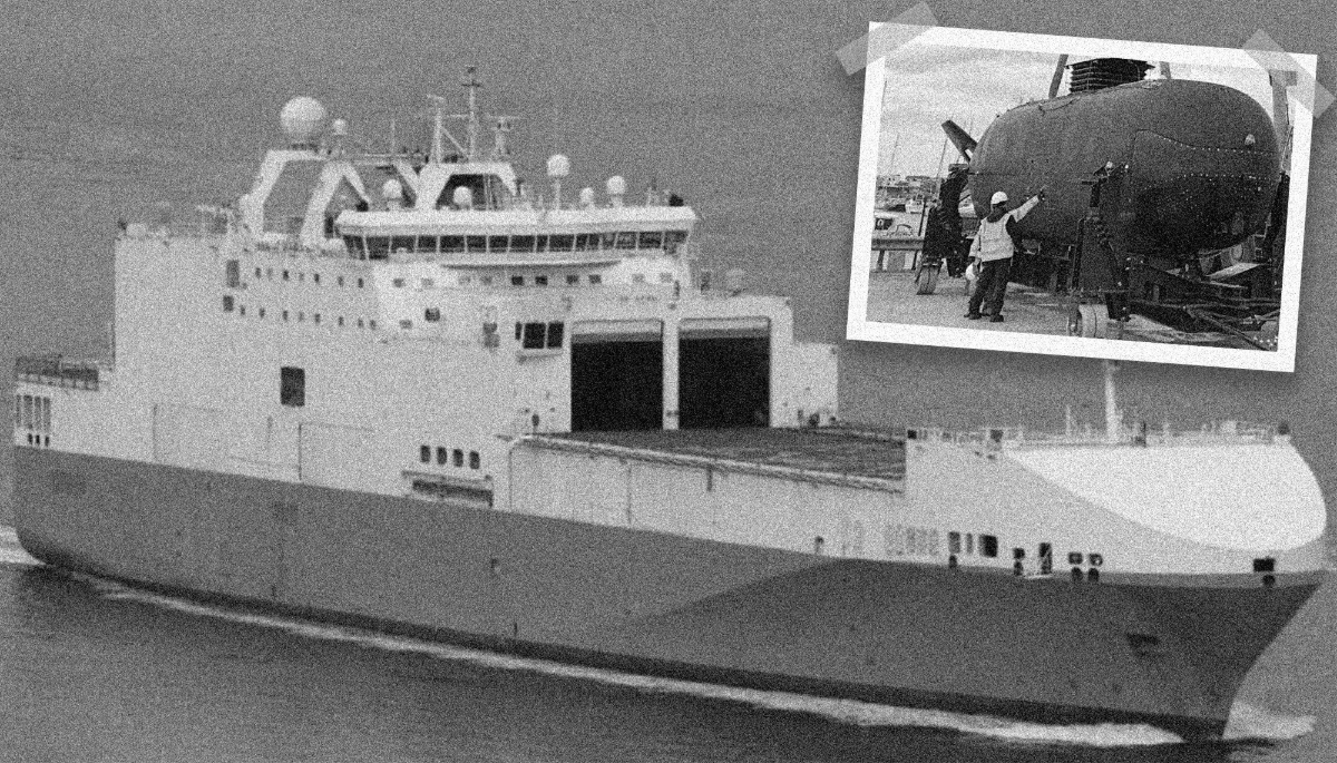 The US special forces' mothership MV Ocean Trader and a mini submarine used by Navy SEALs for their clandestine operations off the Venezuelan coast (top right). 
