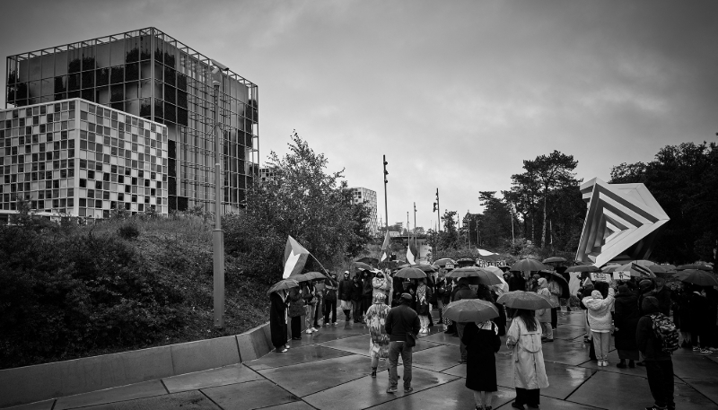 Demonstrators gather in front of the International Criminal Court to show support for Palestinians in the Gaza Strip.