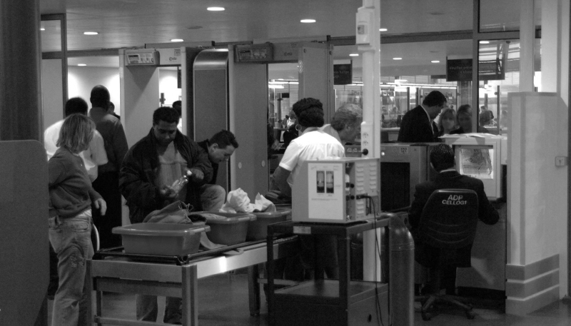 A security check before the boarding area at Roissy-Charles-de-Gaulle airport near Paris, France.
