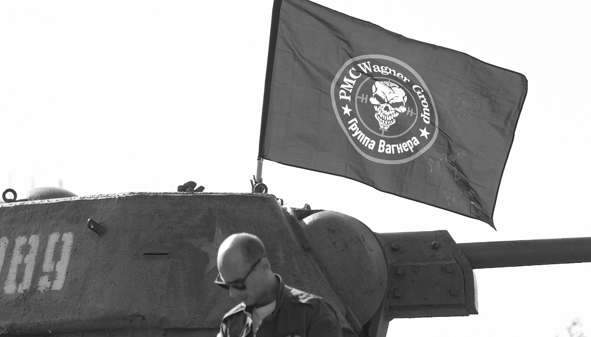 Wagner Group's flag atop a tank exhibited at the Leninist Komsomol park in Donetsk, Russian-controlled Ukraine, 1 October 2023.