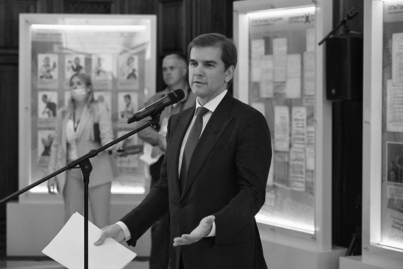 Sergei Novikov, Head of the Russian Presidential Office for Public Projects, speaks during the Khabarovsk Trial Forum in Khabarovsk, Russia.