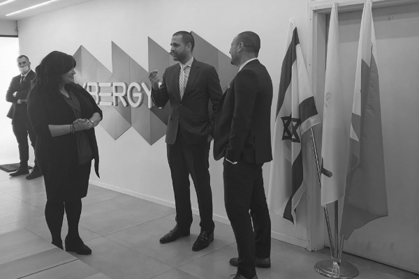 Bahrain's new ambassador to Tel Aviv Khaled al-Jalahma (centre) visited the premises of Ofir Hason's Israeli cyber training specialist Cybergym on 8 February.