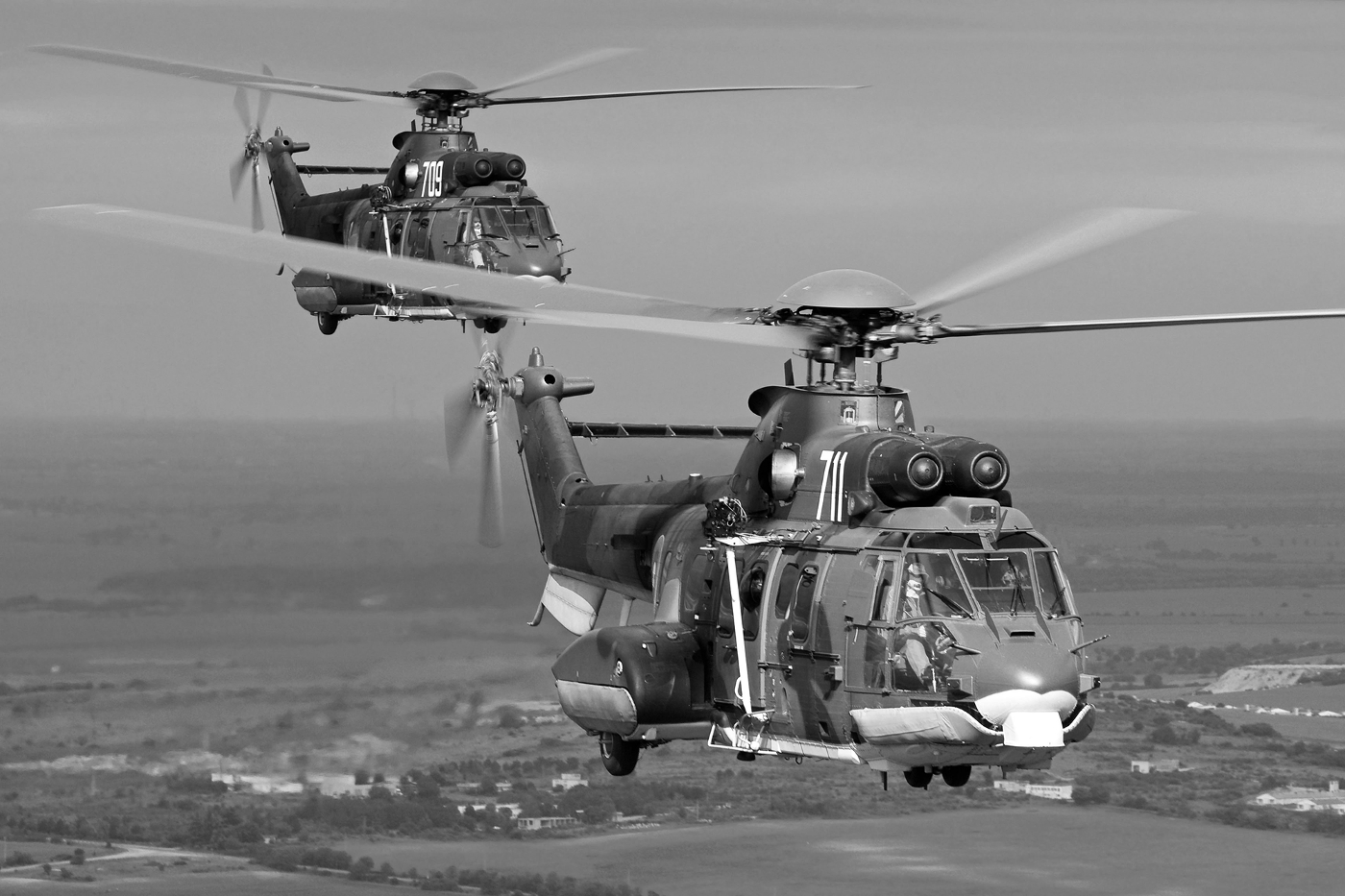 AS-532 helicopters flying over Bulgaria.