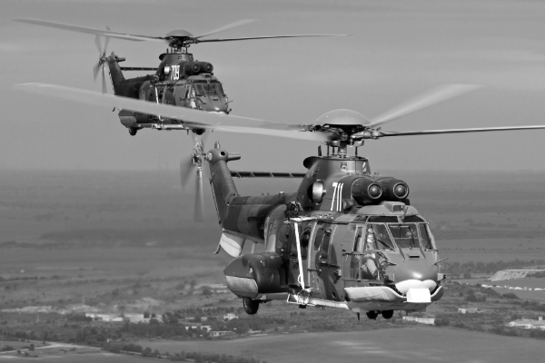 AS-532 helicopters flying over Bulgaria.