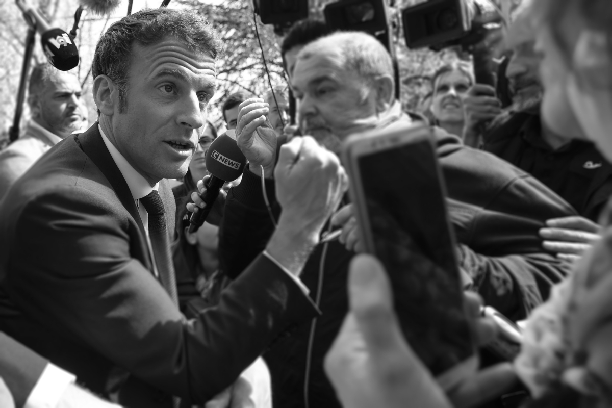 French President Emmanuel Macron campaigning for re-election on 12 April 2022.