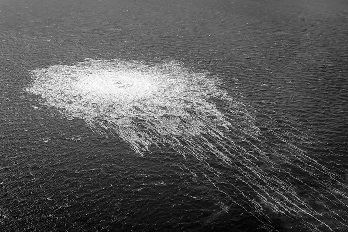 Photo published on 27 September 2022 by the Danish Defence Command showing the gas leak at the Nord Stream 2 pipeline.