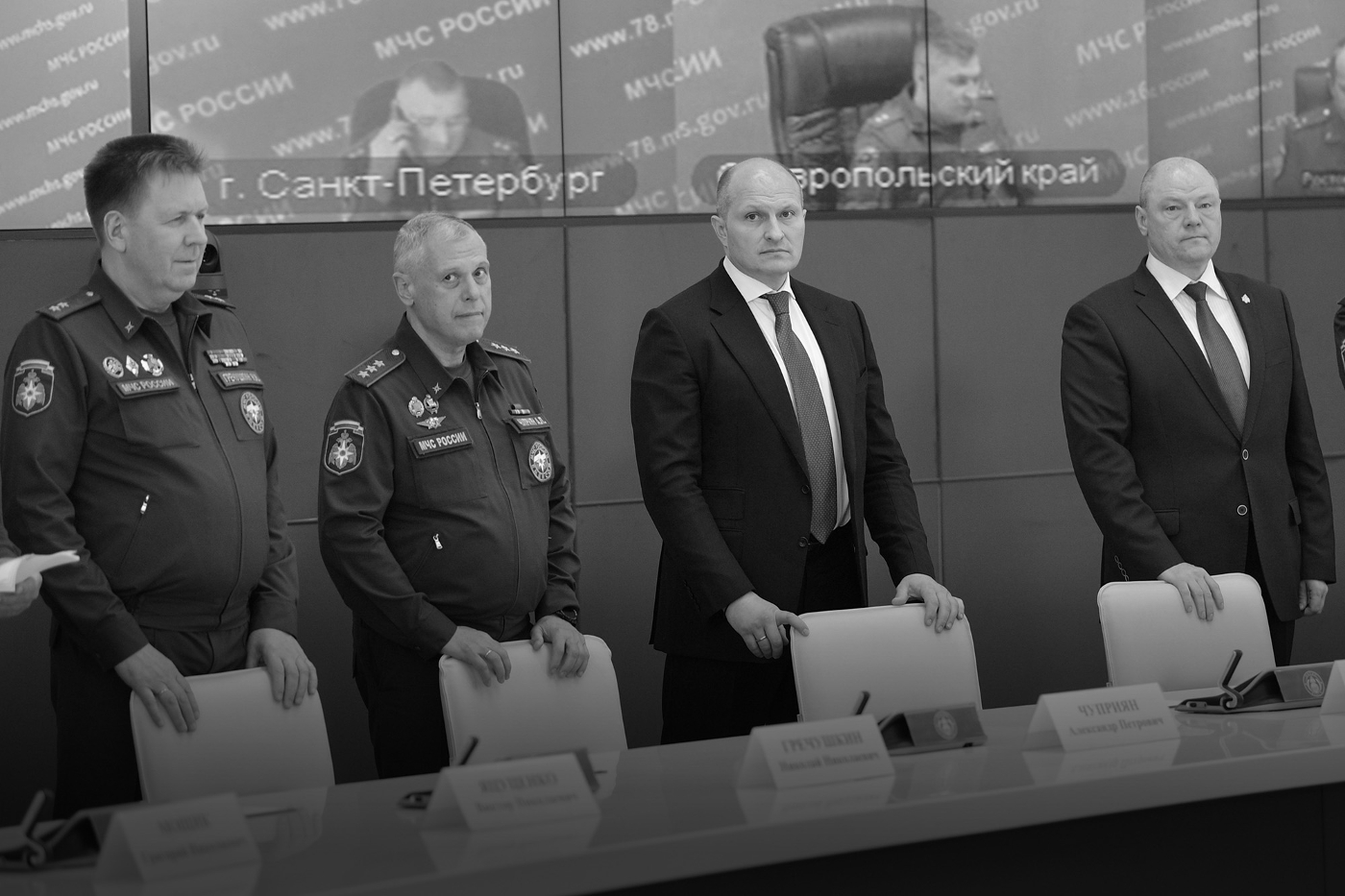 Minister Alexander Kurenkov (center right) with his deputy ministers (from left to right : Nikolay Grechushkin, Aleksandr Chupriyan, Alexey Serko), in Moscow, on 25 May 2022.