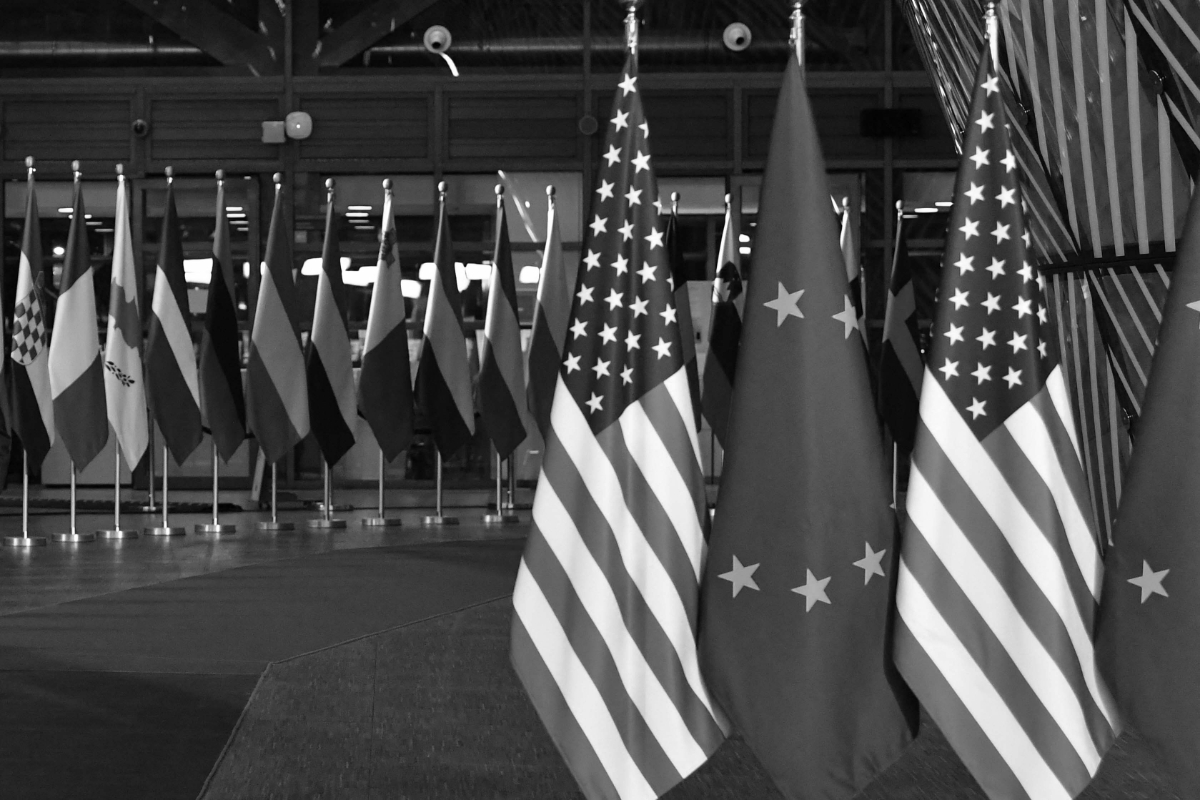American and European flags in the European Parliament