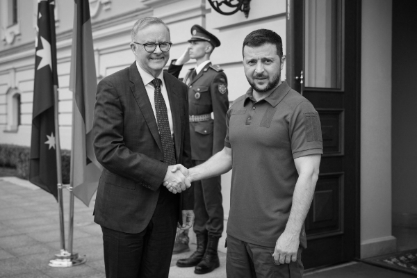 Australia's Prime Minister Anthony Albanese and Ukrainian President Volodymyr Zelensky shaking hands prior to their meeting in Kyiv, on 3 July 2022.