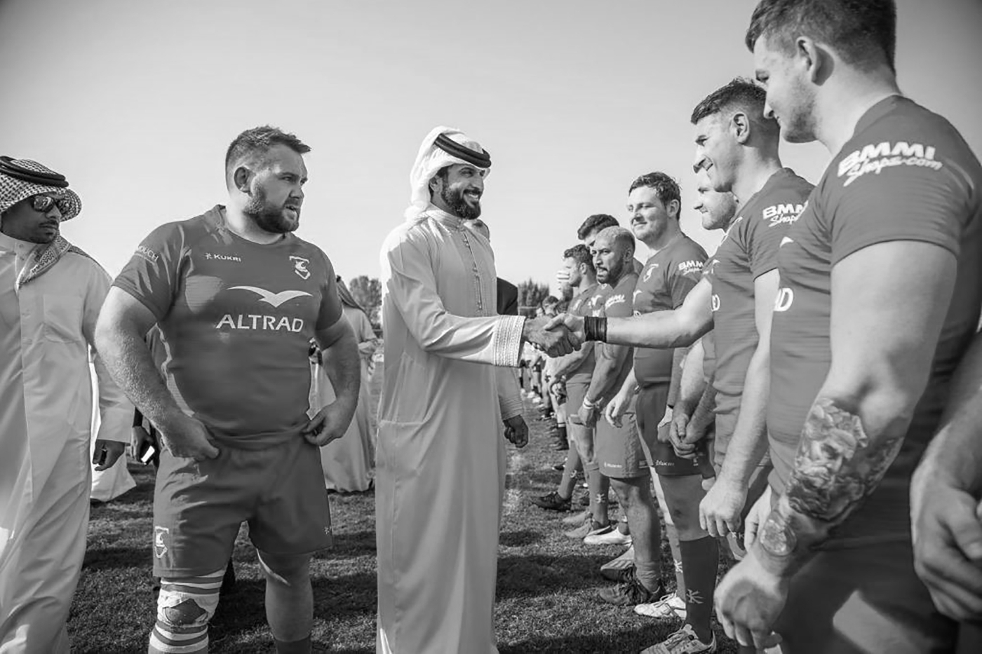 Sheikh Nasser bin Hamad al-Khalifa with Bahrain Rugby Club players.