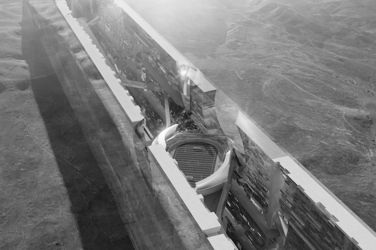 Artist's view of the Mirror Line, a 120km horizontal skyscraper planned for the Neom project, Saudi Arabia.