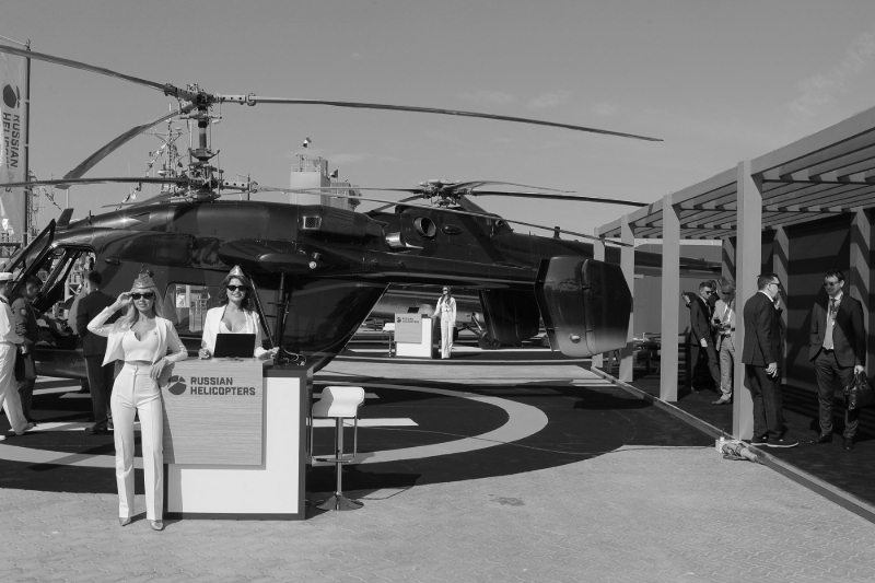 The Russian Helicopters stand at NAVDEX, an annual event held alongside the IDEX exhibition in Abu Dhabi, on 20 February 2023.