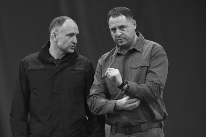 Ukrainian President's Chief of Staff Andriy Yermak (right) and his deputy Oleg Tatarov in Kyiv, 12 April 2023.