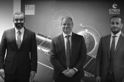 Saudi telecoms minister Abdallah bin Amer al-Swaha (left) met with the head of France's national space centre (CNES) Lionel Suchet (middle) on August 2 2021 in Paris.