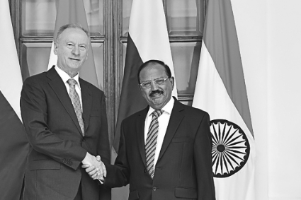 The head of Russia's National Security Council (NSC) Nikolai Patrushev, left, met with India's national security adviser Ajit Doval on 8 September 2021 in New Delhi.