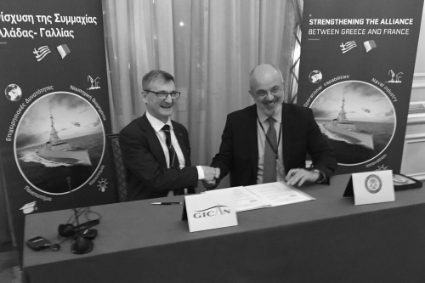 Gican vice president Louis Le Pivain with Anastasios Rozolis, president of Sekpy, at the signing of a partnership agreement in Athens on 13 February 2020.