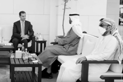 Tahnoon bin Zayed al-Nahyan (right) during the meeting between Syrian President Bashar al-Assad and UAE Prince Mohammed bin Zayed al-Nahyan, 18 March 2022.