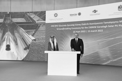 The UAE's Minister of Energy and Infrastructure, Suhail Mohamed Faraj al-Mazrouei with Ilham Aliyev, President of Azerbaijan, in Baku, on March 15, 2022.