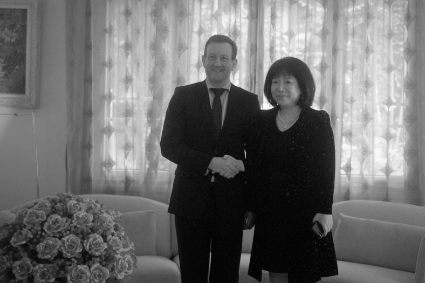 Vietnamese businesswoman Nguyen Thi Thanh Nhan with French Ambassador to Hanoi, Bertrand Lortholary, 2019.