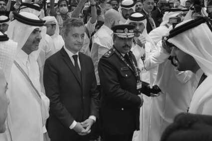 Qatari Prime Minister Khalid bin Khalifa bin Abdulaziz Al Thani, who also holds the interior portfolio, with French Minister of the Interior, Gérald Darmanin in Doha on 24 May.