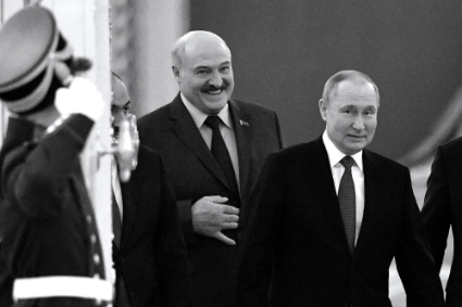Belarusian President Alexander Lukashenko and his Russian counterpart Vladimir Putin on May 16, 2022, during the meeting of heads of state of the Collective Security Treaty Organisation.