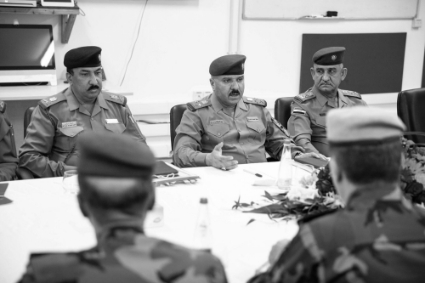 A meeting on August 12, 2021 at Erbil Air Base, Iraq, between Peshmerga Army Chief of Staff Jamal Mohamed Aymanki and Lt. Gen. Abdul Amir al-Shammari (centre), deputy head of the joint operations command for Iraq.