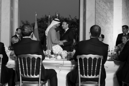United Arab Emirates' President Sheikh Mohammed Bin Zayed and French President Emmanuel Macron take part in a state dinner at the Grand Trianon estate near the Palace of Versailles, on 18 July, 2022.