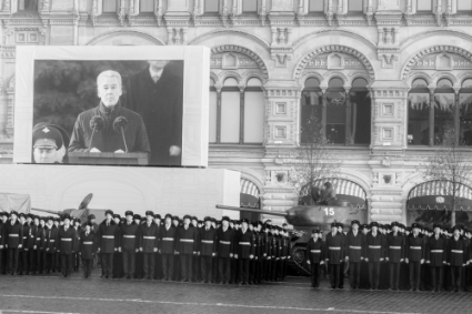 Moscow Mayor Sergey Sobyanin on a screen during a parade on Red Square on 7 November 2018.