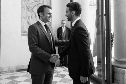 Sheikh Hamdan bin Mohammed bin Zayed Al Nahyan is received by French President Emmanuel Macron prior to a meeting at the Elysée Palace, 11 May 2023.