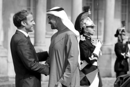 French President Emmanuel Macron welcomes Abu Dhabi's Crown Prince Sheikh Mohammed bin Zayed al-Nahyan for a working lunch at the Chateau de Fontainebleau in Fontainebleau near Paris, France, September 15, 2021.