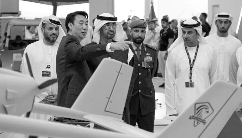 Mohammed bin Zayed al-Nahyan, President of the United Arab Emirates, attends the Dubai Airshow 2023 with Faisal al-Bannai, Managing Director of EDGE Group in Dubai, on 15 November, 2023.