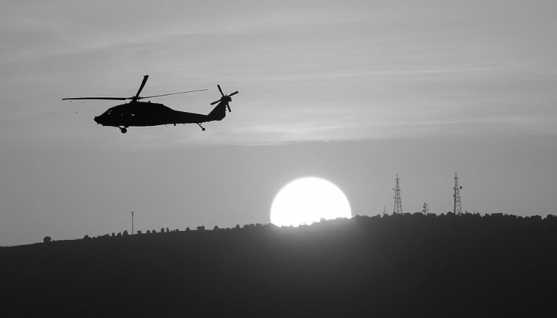 An Israeli military helicopter flies over northern Israel, near the border with Lebanon.