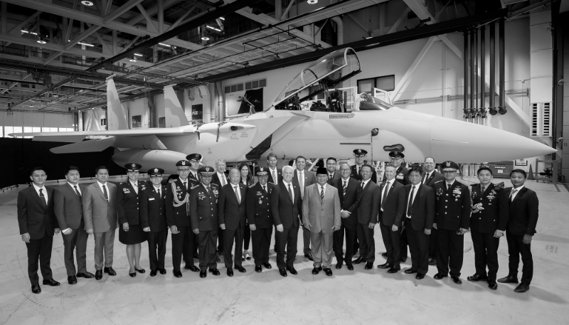 Indonesian Minister of Defense Lieutenant General Prabowo Subianto during a tour of the Boeing F-15EX production line at Boeing's facility in St. Louis, Missouri, on 21 August 2023.