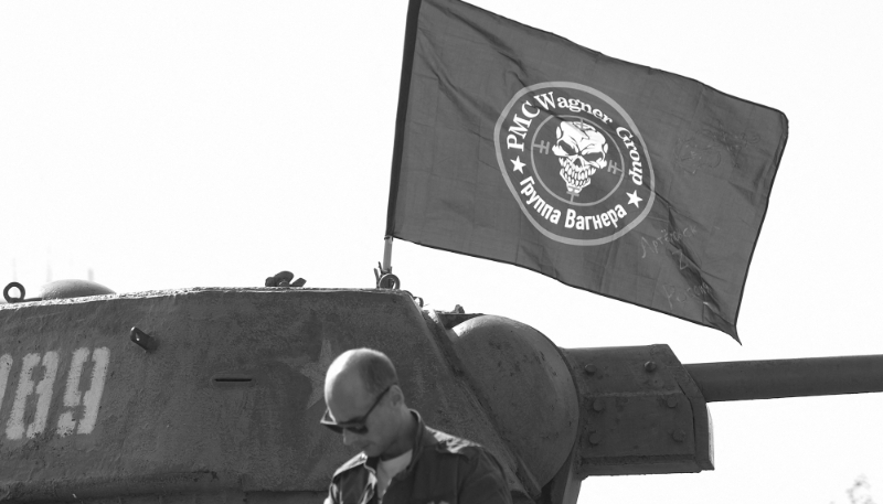 Wagner Group's flag atop a tank exhibited at the Leninist Komsomol park in Donetsk, Russian-controlled Ukraine, 1 October 2023.
