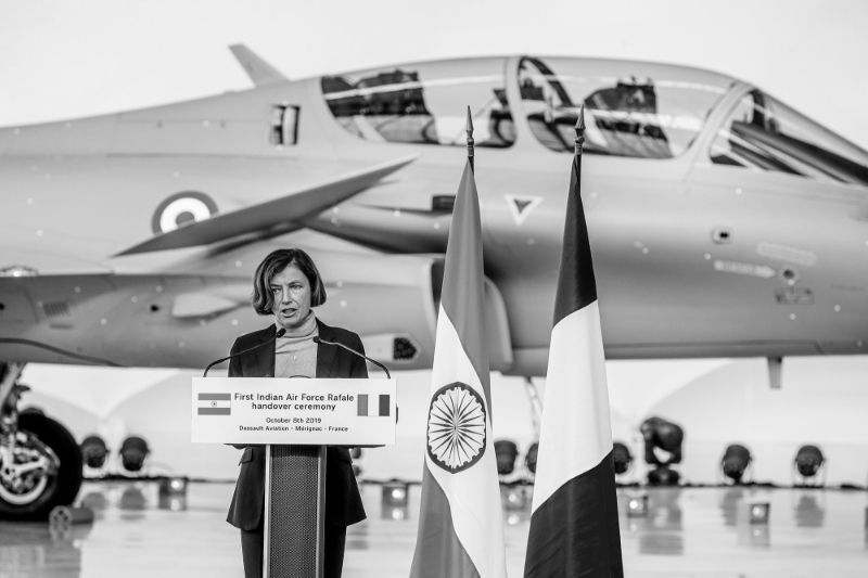 Ministry of Defence Florence Parly at a ceremony marking the delivery of the first Rafale fighter jet destined for India, on October 8, 2019 at Dassault Aviation plant in Merignac.
