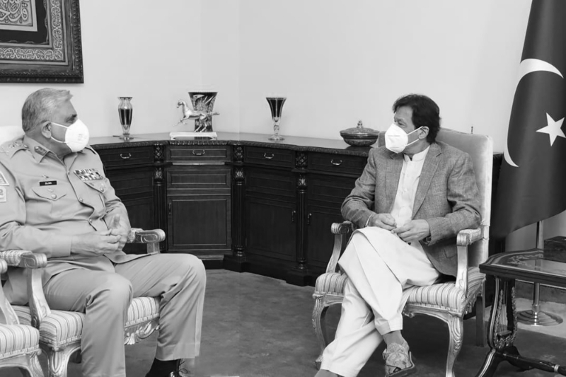 Pakistan's army chief Qamar Javed Bajwa and PM Imran Khan in Islamabad on 29 October 2020.