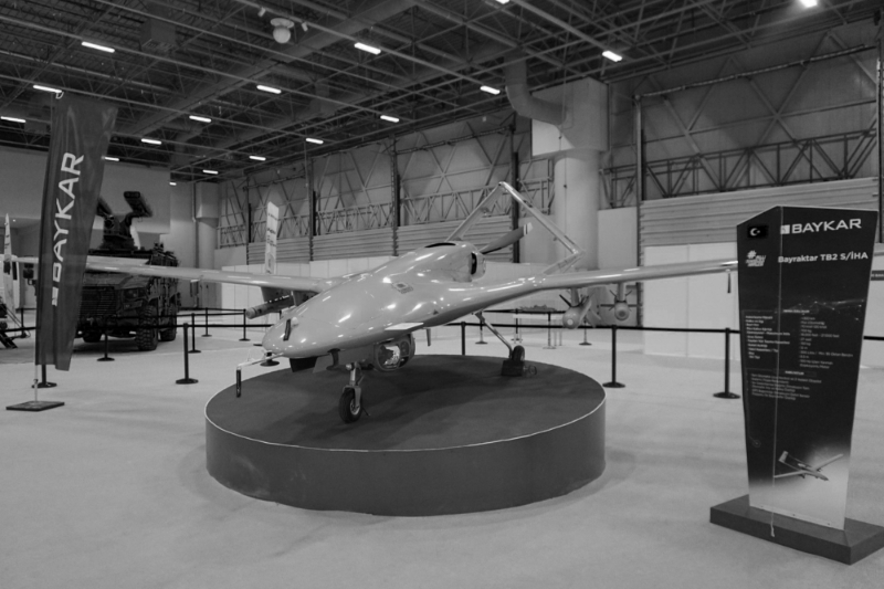 Bayraktar TB2 drone exhibited at Saha Expo 2021 in Istanbul.